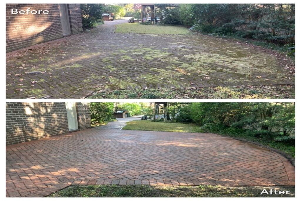 Before and after brick driveway cleaning in Lake Quivira KS showing removal of moss, algae, and dirt to restore color, improve safety, and boost curb appeal