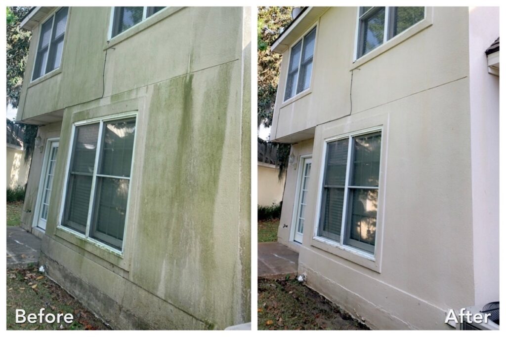 Before and after house washing in Bucyrus KS showing removal of mold, algae, and mildew stains from stucco siding