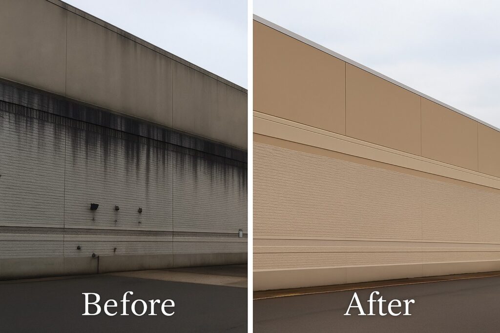 Before and after commercial building soft wash in Lenexa KS showing restored exterior walls and architectural trim.