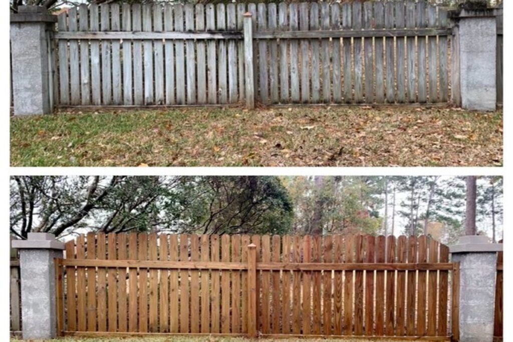 Before and after wood fence pressure washing in Fairway KS showing removal of gray weathering, mold, and dirt to restore natural wood color and extend fence life.