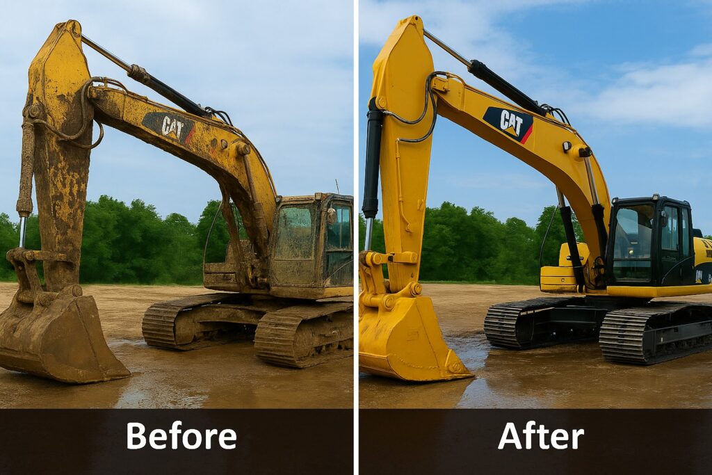Before and after photo of a CAT 320D excavator cleaned by KC Wash Masters in Kansas City, showing professional equipment washing results with restored paint and detail.