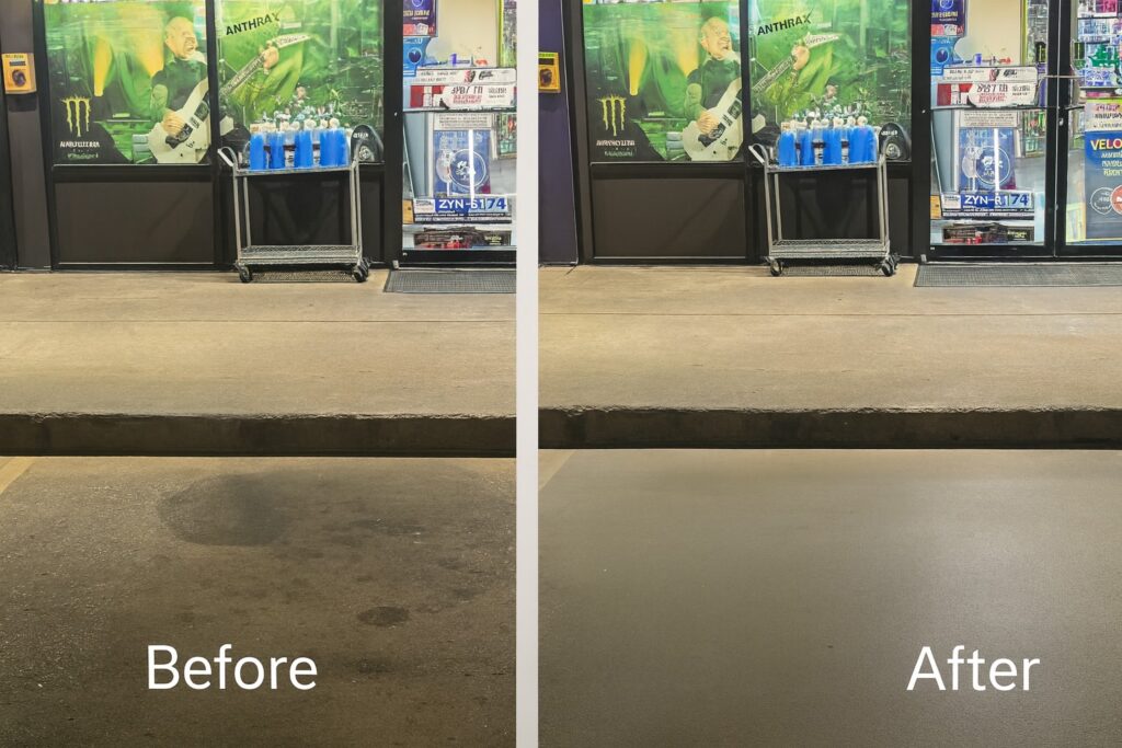 Professional power washing at a convenience store in Overland Park, KS showing before and after results of oil stain and concrete cleaning by KC Wash Masters.