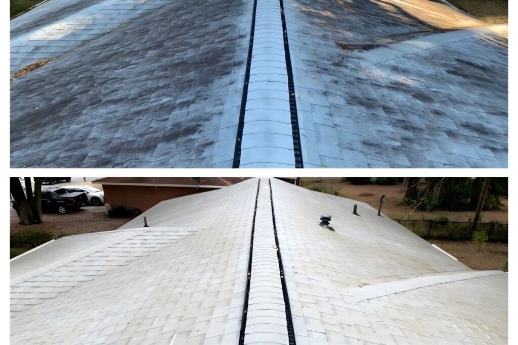 Before and after roof cleaning in Prairie Village KS showing removal of black streaks and algae with soft wash, improving curb appeal, energy efficiency, and extending shingle life