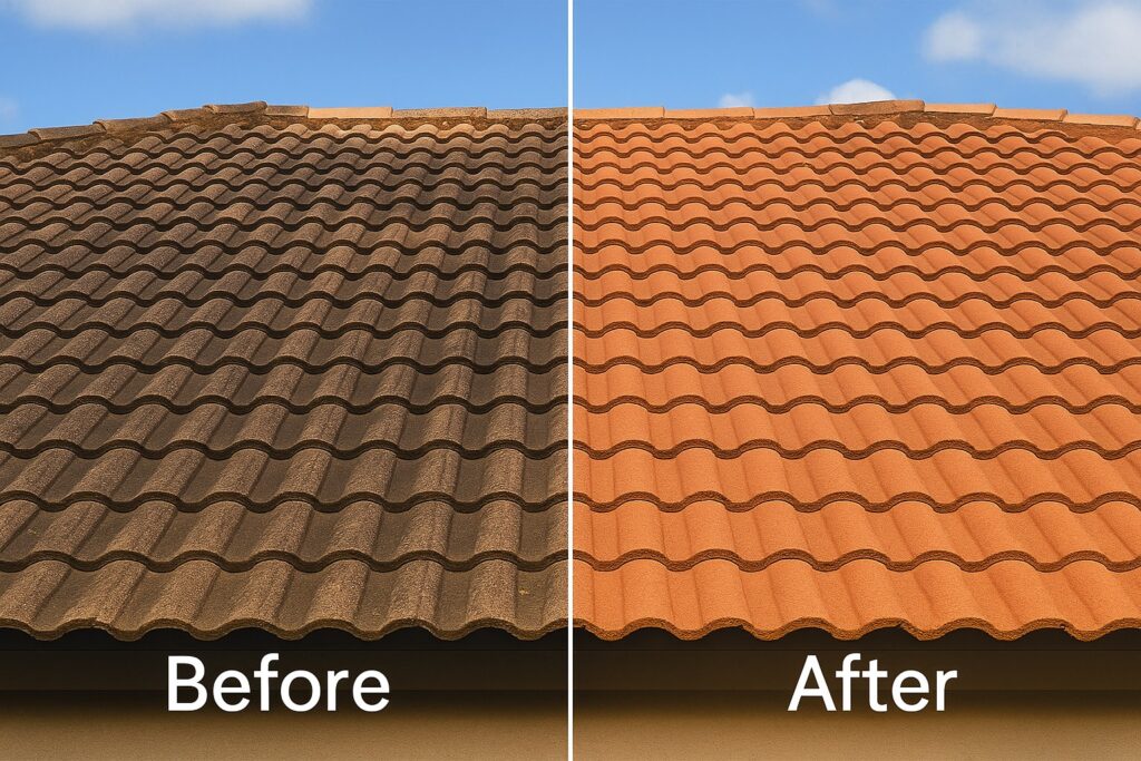 Professional soft wash roof cleaning in Olathe, KS — before and after photo of tile roof mold and algae removal by KC Wash Masters